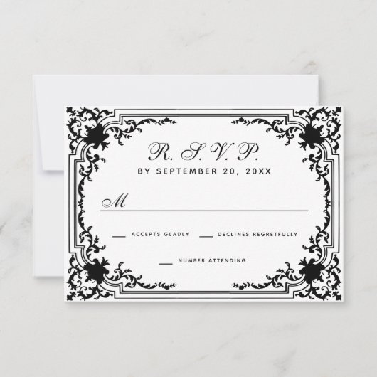 zwart-wit monochroom elegante bruiloft RSVP kaartje (Voorkant)