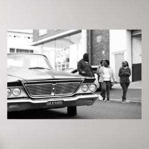 Zwart-Wit Monochroom Oude Auto Mensen Stad Poster