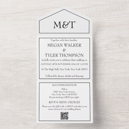 Zwart-wit monochroom QR Code Wedding All In One Uitnodiging (Binnen)