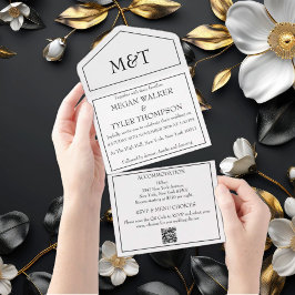 Zwart-wit monochroom QR Code Wedding All In One Uitnodiging