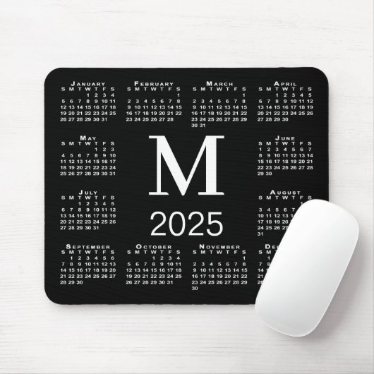 Zwart-wit Monogram 2025 Kalender Muismat (Met muis)