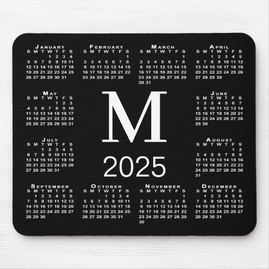 Zwart-wit Monogram 2025 Kalender Muismat (Voorkant)