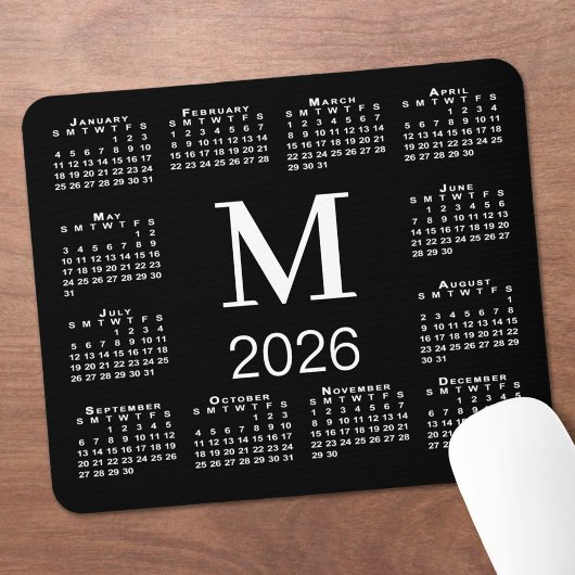 Zwart-wit monogram 2026 kalender muismat