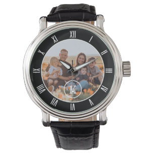 Zwart wit monogram Aangepaste foto Horloge