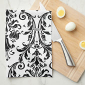 Zwart wit monogram Aanpassen Naam Floral Damask Theedoek (Quarter Fold)