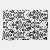 Zwart wit monogram Aanpassen Naam Floral Damask Theedoek (Horizontaal)