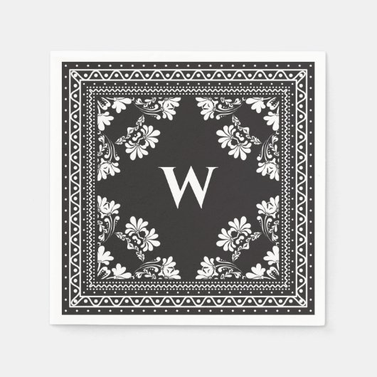 zwart - wit monogram bandanna patroon servet (Voorkant)