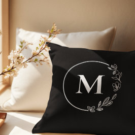 Zwart Wit Monogram Bloemen krans gepersonaliseerd Kussen