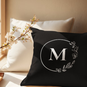 Zwart Wit Monogram Bloemen krans gepersonaliseerd Kussen