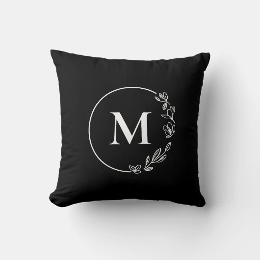 Zwart Wit Monogram Bloemen krans gepersonaliseerd Kussen (Voorkant)