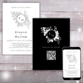 Zwart Wit Monogram Bloemen QRCode Elegante Bruilof Kaart