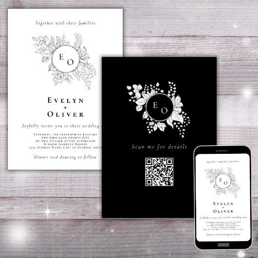 Zwart Wit Monogram Bloemen QRCode Elegante Bruilof Kaart