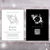 Zwart Wit Monogram Bloemen QRCode Elegante Bruilof Kaart
