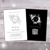 Zwart Wit Monogram Bloemen QRCode Elegante Bruilof Kaart