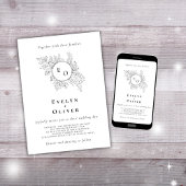 Zwart Wit Monogram Bloemen QRCode Elegante Bruilof Kaart