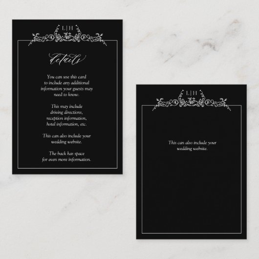 Zwart Wit Monogram Bloemen Rand Bruiloft Details Informatiekaartje (Voorkant / Achterkant)