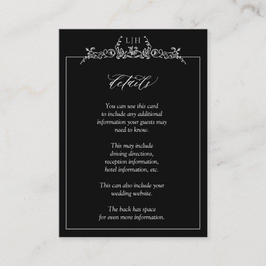 Zwart Wit Monogram Bloemen Rand Bruiloft Details Informatiekaartje (Voorkant)