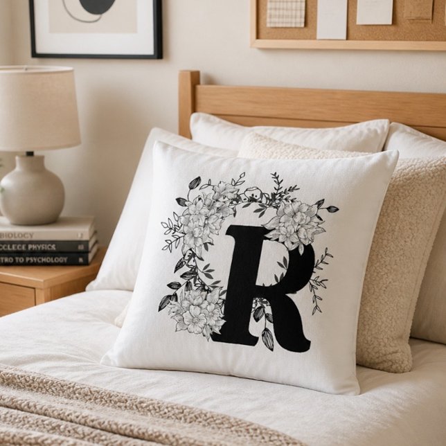 Zwart-wit monogram bloemenkussen kussen (Creator heeft geüpload)