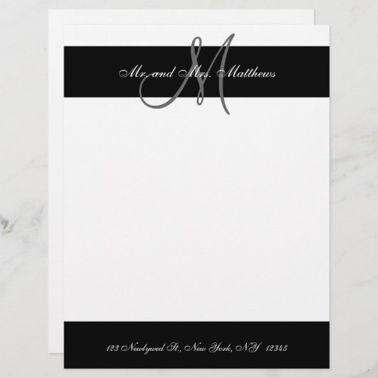 Zwart-wit monogram briefhoofd voor Passen getrouwd (Voorkant / Achterkant)