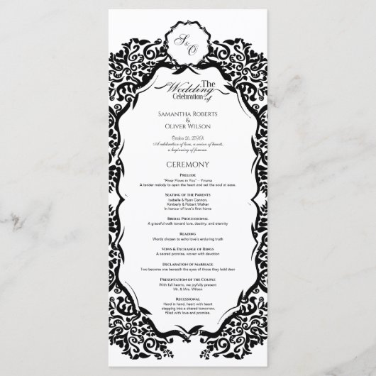 Zwart-wit monogram bruiloft programma programmakaart (Voorkant)