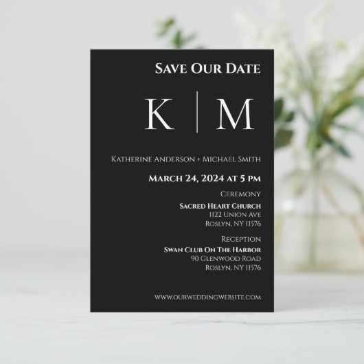 Zwart-wit-Monogram-Bruiloft- Save The Date (Staand voorkant)