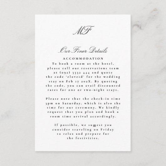 Zwart Wit Monogram Classic Wedding Details Info Informatiekaartje (Voorkant)