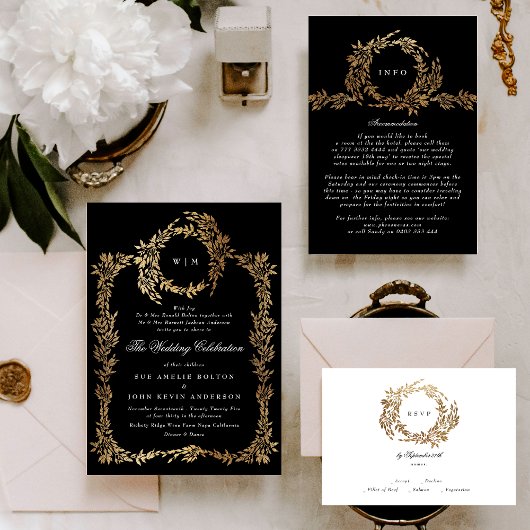 Zwart Wit Monogram Crest Classic Elegant Bruiloft RSVP Kaartje