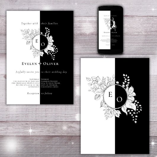 Zwart Wit Monogram Crest Elegante Bloemen Bruiloft Kaart