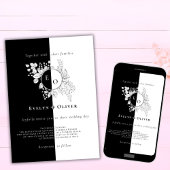 Zwart Wit Monogram Crest Elegante Bloemen Bruiloft Kaart