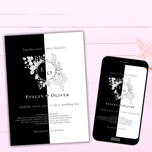 Zwart Wit Monogram Crest Elegante Bloemen Bruiloft Kaart