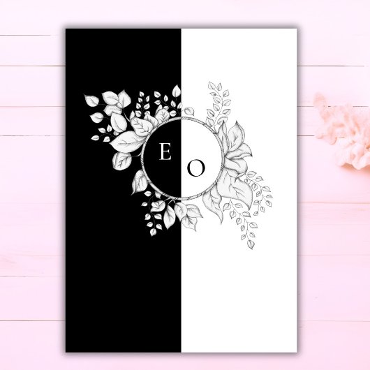 Zwart Wit Monogram Crest Elegante Bloemen Bruiloft Kaart