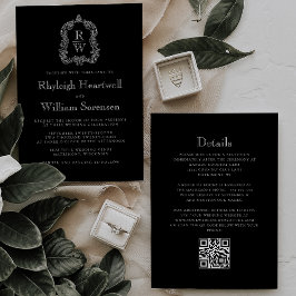 Zwart-wit Monogram Crest QR Code Wedding Kaart