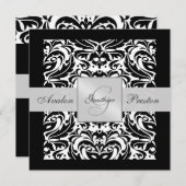 Zwart-wit monogram Damask Border Uitnodiging (Voorkant / Achterkant)