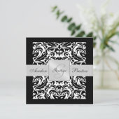 Zwart-wit monogram Damask Border Uitnodiging (Staand voorkant)