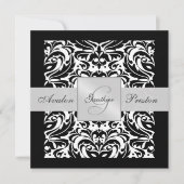 Zwart-wit monogram Damask Border Uitnodiging (Voorkant)