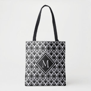 Zwart-wit monogram Damask Tote Bag