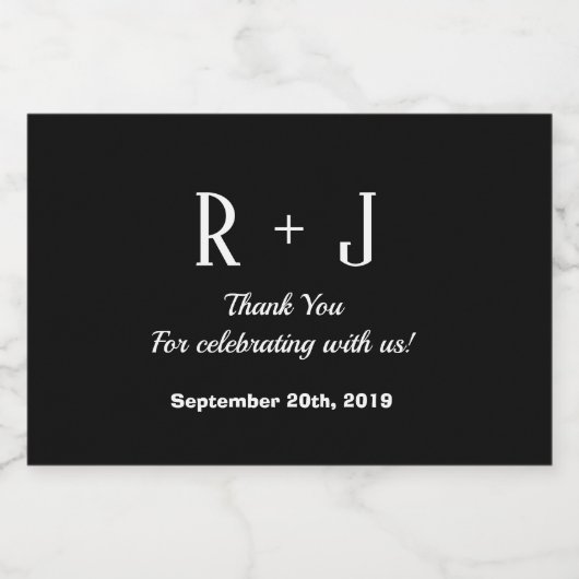 Zwart-wit Monogram Dank u Bruiloft Mini Sparkling Wijnetiket (Enkel label)