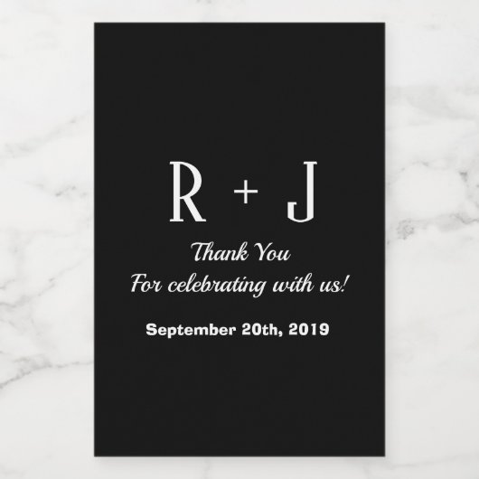Zwart-wit Monogram Dank u Bruiloft Mini Wijn Etiket (Enkel label)