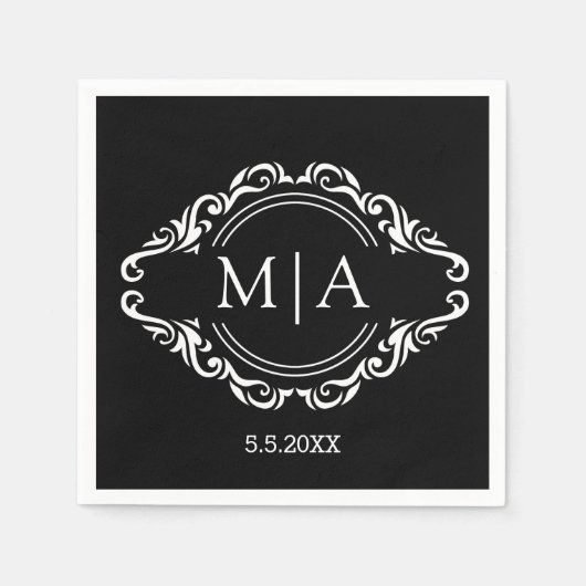 Zwart-wit monogram decoratieve moderne bruiloft servet (Voorkant)