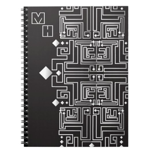Zwart-wit monogram doolhofpatroon notitieboek (Voorkant)
