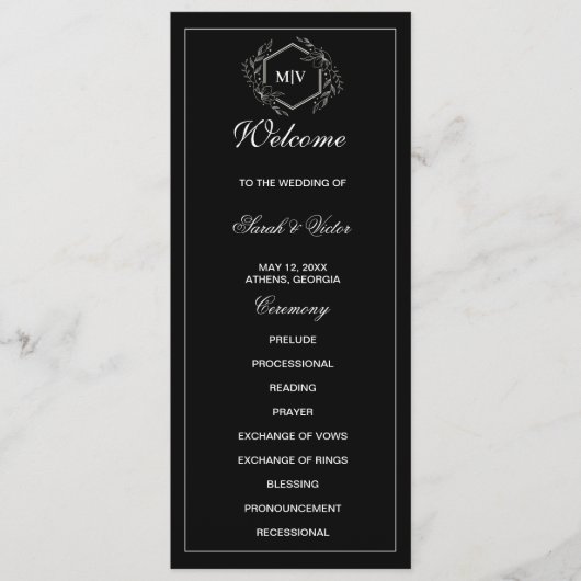 Zwart-wit monogram dubbele zijprogrammakaart programmakaart (Voorkant)