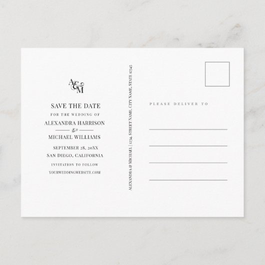 Zwart wit monogram Eenvoudig legant sparen de Datu Uitnodiging Briefkaart (Achterkant)