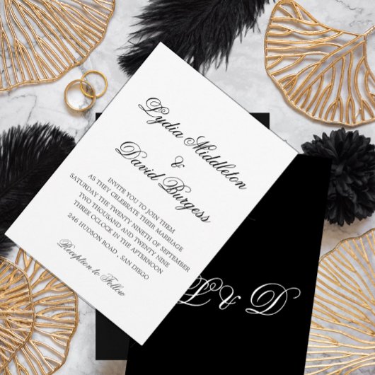 Zwart Wit Monogram Elegante Bruiloft Uitnodiging
