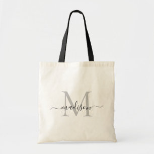 Zwart Wit Monogram Elegante Moderne Script Naam Tote Bag