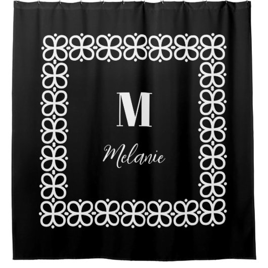 Zwart-wit monogram en naam legant douchegordijn (Voorkant)