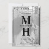 Zwart-wit monogram Faded Lijst voor fotoweergave Save The Date (Voorkant)