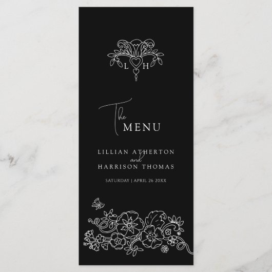 Zwart wit monogram fleur de lis bruiloft menu (Voorkant)