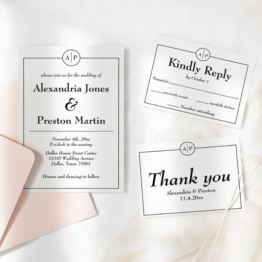 Zwart & Wit Monogram Foto Bruiloft Uitnodiging