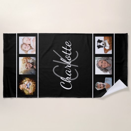 Zwart wit monogram fotocollage strandlaken (Voorkant)