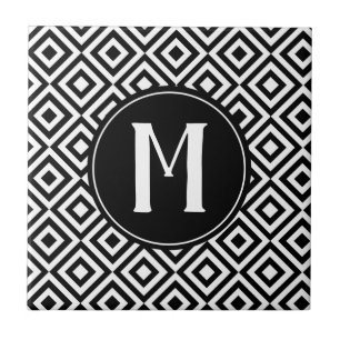 Zwart-wit monogram geometrisch diamantpatroon tegeltje